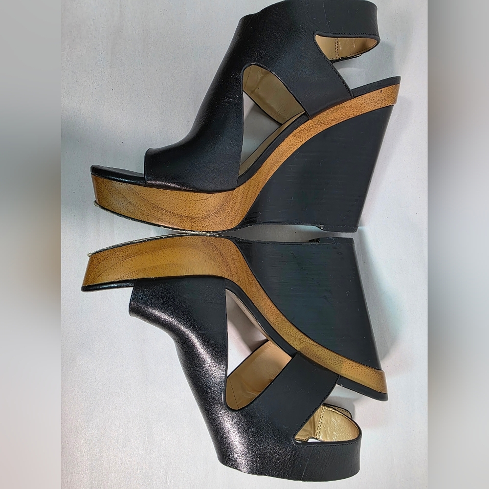 MICHAEL Michael Kors Black Leather Peep Toe Wedge Sandals Size 7M 37 - Picture 6 of 10